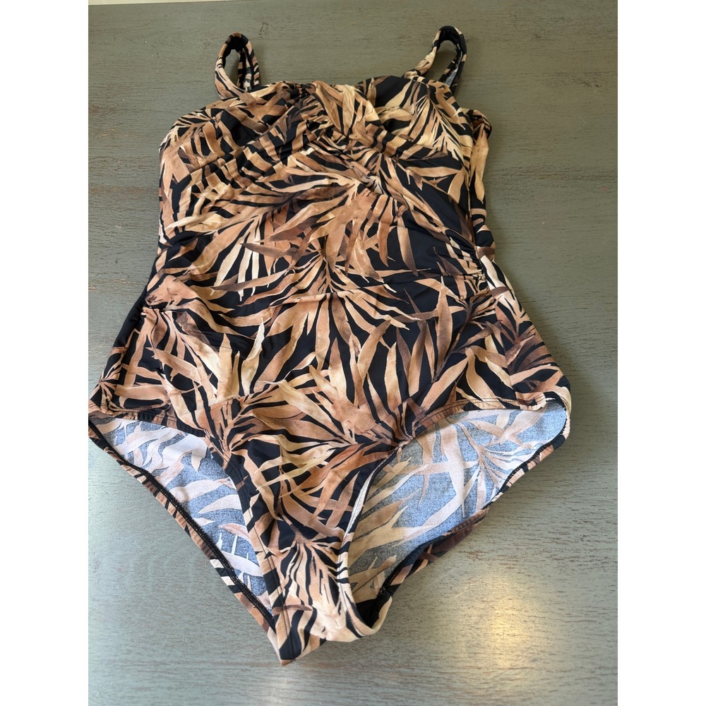 Lands End Womens 14D One Piece Swimsuit Palm Leaf Twist Front Brown Black